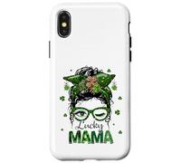 St Patrick's Day Leopard Lucky Mama Messy Bun Shamrock Green Custodia per iPhone X/XS