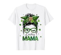 St Patrick's Day Leopard Lucky Mama Messy Bun Shamrock Green Maglietta