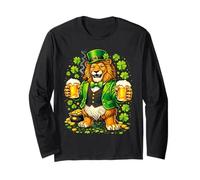 St Patricks Day Lion Leprechaun Hat Beer Shamrock Drinking Maglia a Manica