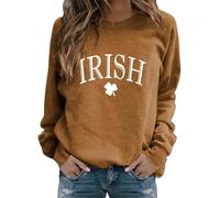 St Patricks Day - Maglione da donna, con stampa a quadrifoglio, a maniche lunghe, girocollo, per l'inverno, da donna, casual, senza cappuccio, per lo sport, cachi, 3XL