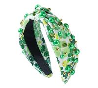 St. Patrick's Day Rhinestone Headband | Green Shamrock Bow Knot Hair Accessory | Crystal Embellished Fabric Headwrap | Irish Holiday Gift For Women