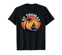 St Thomas Island Vacation, Retro Tramonto Palm Tree Barca a Vela Maglietta