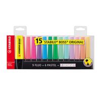 STABILO - 7015-01 - Evidenziatore Boss Original - punta a scalpello - tratto 2 - 5 mm - colori assortiti fluo + pastel - Stabilo - deskset 15 pezzi - 83119 - Conf. da 1 Pz. - 7015-01