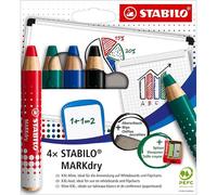 STABILO - 648-4 - Matitoni MARKdry per lavagne - con temperino e panno microfibra - Stabilo - astuccio 4 pezzi - 100529 - Conf. da 1 Pz. - 648-4