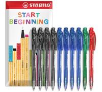 STABILO liner - Penna a sfera retrattile, pennino fine da 0,7 mm, confezione da 10 (nero, blu, verde, rosso)