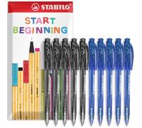STABILO liner - Penna a sfera retrattile, punta fine da 0,7 mm, confezione da 10 (nero, blu)