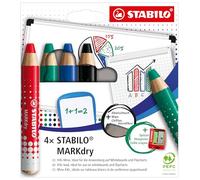 STABILO - 648-4 - Matitoni MARKdry per lavagne - con temperino e panno microfibra - Stabilo - astuccio 4 pezzi - 100529 - Conf. da 1 Pz. - 648-4