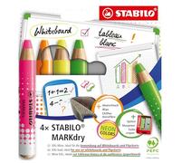 STABILO Marcatore MARKdry per lavagna bianca - Astuccio 4 colori NEON con temperino e panno