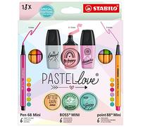 STABILO Pastellove Set - Set Creativo - Pack da 18-6 fineliner point 88, 6 pennarelli premium Pen 68, 6 evidenziatori Mini