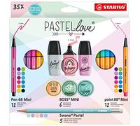 Stabilo Pastellove Set - Set Creativo - Pack da 35-12 fineliner, 12 pennarelli premium, 6 evidenziatori Mini + 5 matite in grafite