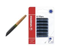 Stabilo Penna Stilografica Ecosostenibile - a impatto climatico zero Grow in Verde Muschio/Rovere - Cartuccia inclusa & Cartuccia Refill per Penna Roller/Stilografica - - Pack da 12 - Colore Blu