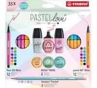 Stabilo Pastellove Set - Set Creativo - Pack da 35-12 fineliner, 12 pennarelli premium, 6 evidenziatori Mini + 5 matite in grafite