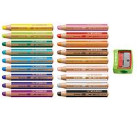 STABILO woody - Matite colorate, acquerelli e gessetti a cera, 3 in 1, confezione da 18 pezzi, con temperamatite, colore verde