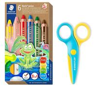 STAEDTLER 3 in 1 Matite colorate e forbici di sicurezza Noris junior, matita colorata, cera e acquerello, ideale per bambini piccoli, taglia solo carta, 6 colori temperino e forbici di sicurezza, 140