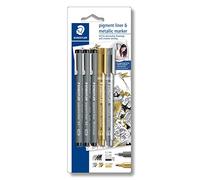 Staedtler 308 SBK3P3 Penna Fineliner | da 0,1 a 2,0 mm nero e 2 penne metallizzate oro/argento - a prova di documento - cod. art. 308 SBK3P3