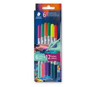 Staedtler 3280 Pennarelli a doppia fibra bicolore, due punte, due colori diversi, larghezze linee 3 mm e 1 mm, astuccio di cartone con 6 pennarelli in colori assortiti, 3280C6E2-1