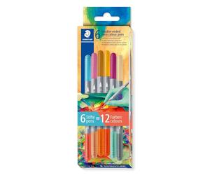 STAEDTLER 3280 Pennarelli a doppia fibra bicolore, due punte, due colori diversi, larghezze linee 3 mm e 1 mm, astuccio di cartone con 6 pennarelli in colori assortiti, 3280C6E2-2
