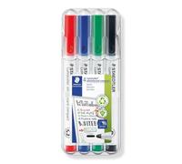 Marcatori a secco per lavagne Staedtler Lumocolor Whiteboard compact - 208443 Marcatori colori assortiti a secco per lavagne con tratto 1-2 mm e punta da 1-2 mm tonda dal fusto di color bianco in confezione da 4 Pz.