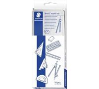 STAEDTLER 557 Set geometria - 10 pezzi, astuccio in metallo | Compasso, squadrette, goniometro & righello 15 cm in astuccio metallo - scuola - Art.-Nr. 557 10