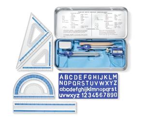 STAEDTLER 557 Set geometria - 10 pezzi, astuccio in metallo | Compasso, squadrette, goniometro & righello 15 cm in astuccio metallo - scuola - Art.-Nr. 557 10