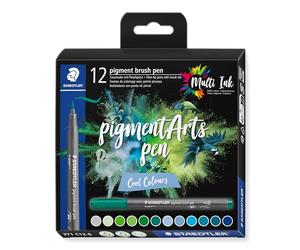 STAEDTLER Brush pen Pigment Arts, cartuccia da disegno, punta a pennello per larghezza variabile, impermeabile, ad asciugatura rapida, 12 penne, colori assortiti, in astuccio di cartone, 371 C12-6