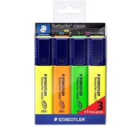 Staedtler Textsurfer Classic 364-S WP4P - Estuche promocional con 3 marcadores fluorescentes en colores surtidos + 1 marcador fluorescente color amarillo, Multicolor