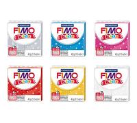Staedtler FIMO Kids Glitter Modelling Clay, 6 Blocchi in Bianco, Oro, Rosso, Rosa, Blu e Argento, 42 g ciascuno, Argilla Super Morbida, indurente al Forno per Bambini con Effetto Glitterato