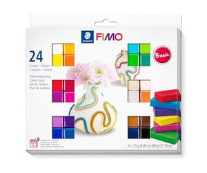 STAEDTLER FIMO soft ofenhärtende Modelliermasse, Kartonetui mit 24 sortierten Basic-Farben, 24 Halbblöcke à 25 g