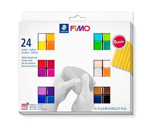 STAEDTLER FIMO soft ofenhärtende Modelliermasse, Kartonetui mit 24 sortierten Basic-Farben, 24 Halbblöcke à 25 g