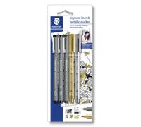 Staedtler Fineliner pigment liner black + silver and gold (3+2)