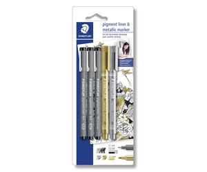 Staedtler Fineliner pigment liner black + silver and gold (3+2)