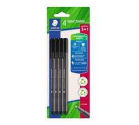 STAEDTLER Fineliner triplus, nero, in plastica riciclata, punta fine in metallo da 0,3 mm, lunga durata, 4 penne fineliner nere su blister, 334 R-9BK