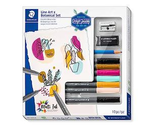 Staedtler Line Art & Botanical Set Design Journey, set da 10 pezzi per Line Art in colori di ispirazione botanica, penne pigmentate in colori assortiti, matita, gomma, temperino, 61 371-2