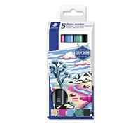 STAEDTLER Lumocolor 349 pennarelli acrilici - set da 5, 2,4 mm | Punta arrotondata, inchiostro permanente a base d’acqua - per vetro, metallo e legno - Codice articolo 349 C5