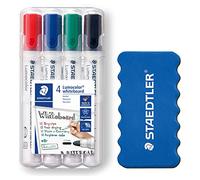 Staedtler Lumocolor 351 WP4P1X - Pennarello per lavagna bianca, larghezza circa 2 mm, lavabile a secco e senza residui, alta qualità, set di 4 pennarelli con spugna inclusa