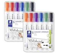 STAEDTLER Lumocolor 351 WP6 - Pennarello per lavagna bianca, punta tonda, confezione da 12, colore: nero, verde, blu, viola, rosso, arancione