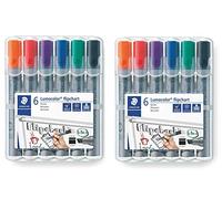 STAEDTLER Lumocolor 356 B WP6 - Pennarello per lavagna a fogli mobili, punta a scalpello, larghezza circa 2 o 5 mm, set da 6 colori, custodia (2 pezzi)