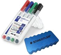 Staedtler Lumocolor - Pennarello per lavagna bianca, confezione da 4 + cancellatore Staedtler
