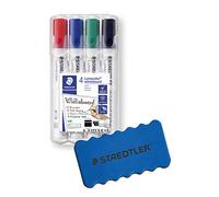 Staedtler Lumocolor - Set di 4 pennarelli per lavagna bianca, punta a scalpello (4 pezzi punta a scalpello + cancellatore)
