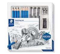 STAEDTLER Mars Lumograph 100 Set da disegno - 12 pezzi, matite & liner | 7 gradazioni grafite, 3 liner a pigmento, gomma & temperino - kit completo schizzi & inchiostrazione - Art.-Nr. 61 100