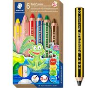 Staedtler Matita 3 in 1 per bambini Noris junior, pastelli a cera e acquerello, mina molto spessa, extra infrangibile, ideale per bambini, 6 colori, temperamatite e matita, 140 C6 P1X