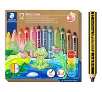 Staedtler Matita colorata 3 in 1 Noris junior, matita colorata, cera e acquerello, mina molto spessa, extra infrangibile, ideale per bambini, 12 colori, temperamatite e matita, 140 C12P1X