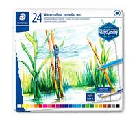 Staedtler - Matite colorate ad acquerello di alta qualità per artisti, utilizzabili a secco o con acqua, mina morbida e malleabile da 3 mm, astuccio in metallo con 24 colori assortiti, rif. 14610C C24