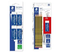 Staedtler Matite Noris, Confezione Da 5 Matite Alta Qualita Di Gradazione Hb & Confezione Da 4 Gomme Per Cancellare Mars Plastic, Colore Bianco
