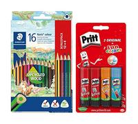 Staedtler Noris Colour matite Colorate 16 Pezzi, Maggiore Resistenza alla Rottura, Forma Triangolare, Superficie Morbida e 4 Stick di Colla Pritt, 187 C12PX2