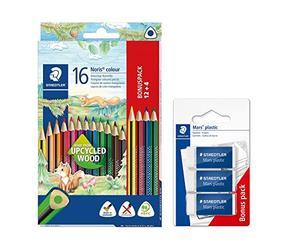 Staedtler Noris Colour pastelli 16 Pezzi, Maggiore Resistenza alla Rottura, Forma Triangolare, Superficie Morbida ergonomica e 3 gomme Mars plastica, Multicolore, 187 C12PX1
