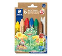 STAEDTLER Noris junior 224 pastelli a cera - astuccio da 6, forma esagonale | Pastelli a cera dai colori vivaci, avvolti in carta - per bambini - Codice articolo 224 C6