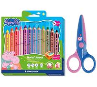 STAEDTLER Noris junior Peppa Wutz set con 12 matite colorate e forbici per bambini con punte arrotondate per i primi esercizi di crafting