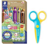 STAEDTLER Noris junior Set Duo 1402 - Matita per pittura a cera e acquerello, mina bicolore, 6 penne Duo e forbici di sicurezza