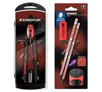 STAEDTLER NORIX set di compassi a regolazione rapida, blister con 2 matite HB, gomma e temperino singolo, corallo